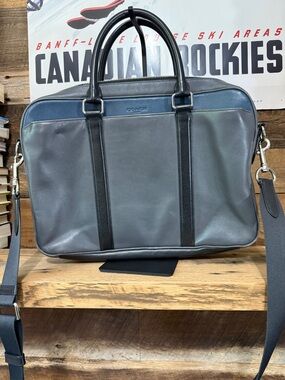 Coach Gray Leather Brief Bag with Blue Trim